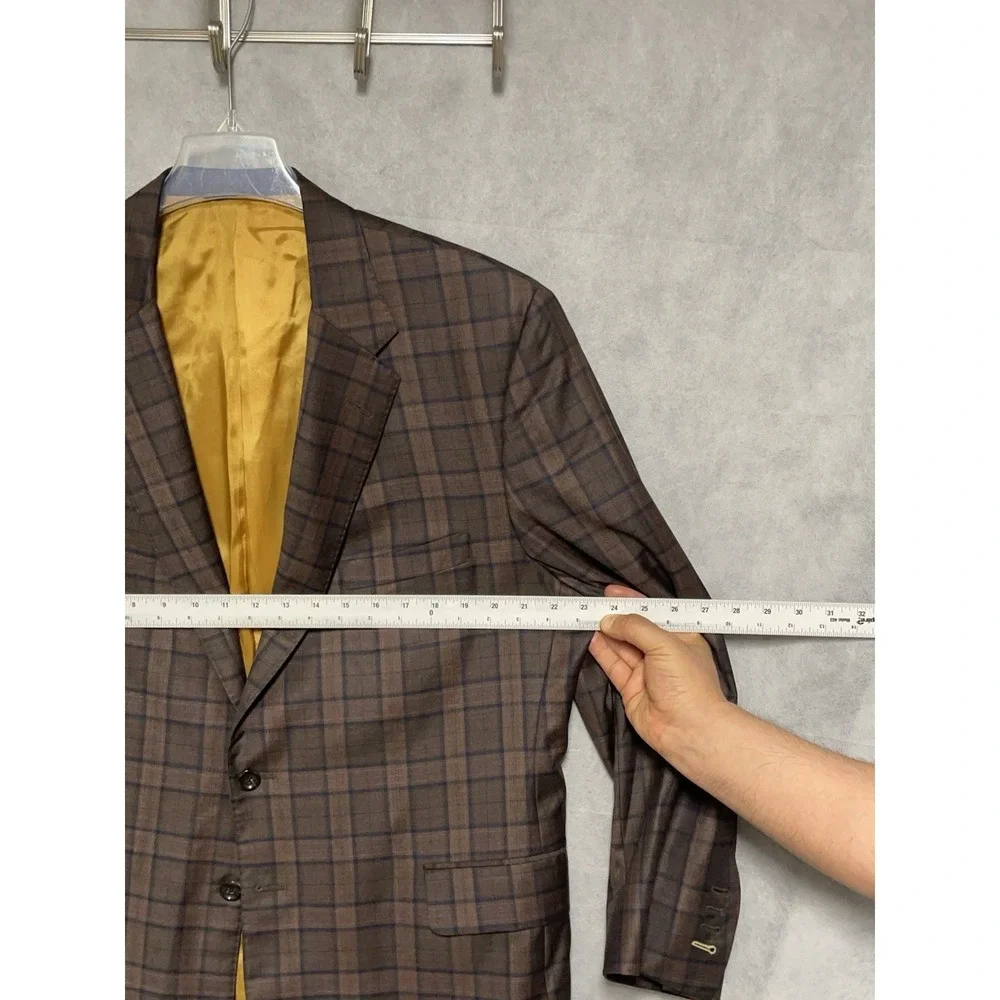Tom James Blazer Men 44R Brown Blue Tartan Plaid Surgeon Cuffs Flannel Bespoke